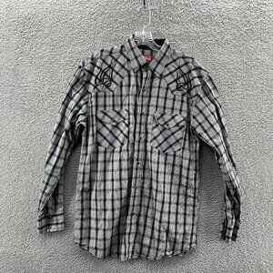 Red Ranch Pearl Snap Shirt Men L Long Sleeve Embroidered Gray Black Plaid Cowboy